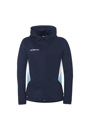 Marineblauwe capuchonvest met ritssluiting, witte en lichtblauwe zijpanelen, zakken aan de voorkant en het "uhlsport" logo op de linkerborst.