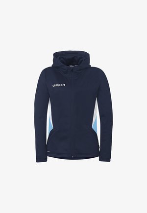 Veste à capuche zippée bleu marine avec panneaux latéraux blancs et bleu clair, poches avant, et logo "uhlsport" sur le côté gauche de la poitrine.