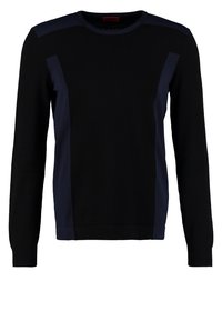Pull en maille noir et bleu marine avec manches longues, col rond, design à panneaux contrastants, et poignets et ourlet côtelés.
