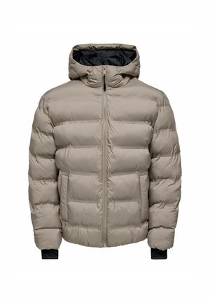 Giacca puffer beige con trapuntatura orizzontale, zip anteriore, cappuccio attaccato e fodera interna nera. Presenta polsini elasticizzati e due tasche frontali.