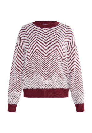 Burgundy and white chevron-patterned knit sweater with a round neck, ribbed cuffs, and hem, made of soft, textured yarn.