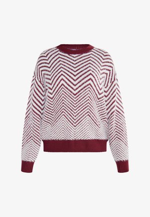 Burgundowy i biały sweter o wzorze w zygzak z okrągłym dekoltem, ściągaczami na rękawach i dole, wykonany z miękkiej, teksturowanej przędzy.