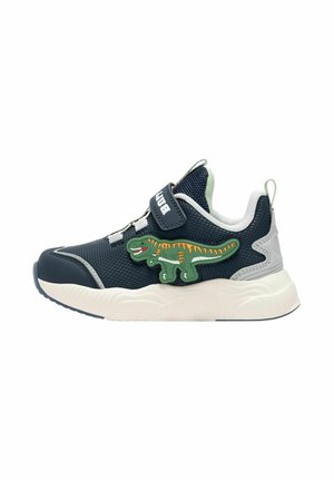 Sneaker blu navy con tomaia in rete, suola bianca e un patch a forma di dinosauro verde. Presenta una fascia in Velcro e accenti testurizzati.