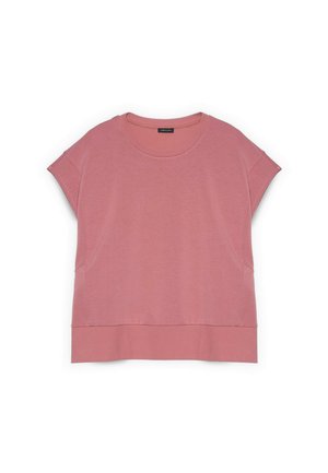 Støvet pink kortærmet casual top med rund halsudskæring og bred kant, lagt fladt på en hvid baggrund.