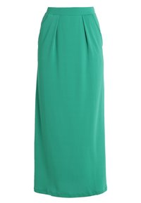 Zelená maxi sukně z hladkého materiálu, s páskem, plisov�áním v přední části a rovnou siluetou, dosahující délky ke kotníkům.