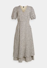 Rutigt klänning i beige och marinblått med V-ringning, korta puffärmar, midjesöm och en luftig kjol med volangkant.