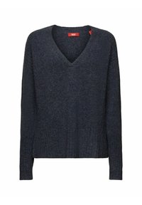 Dunkelgrauer Strickpullover mit V-Ausschnitt, langen Ärmeln, gerippten Bündchen und Saum, aus weichem Material gefertigt, mit einem schlichten Design ohne Muster.