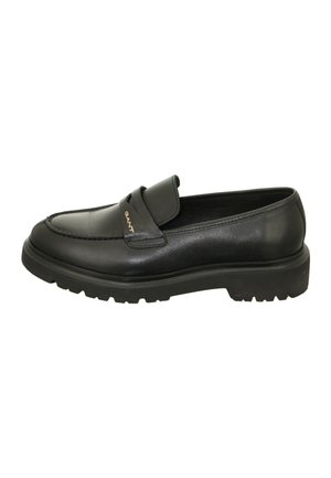 Schwarze Lederloafers mit rundem Zeh, erhöhtem Vorderteil und strukturiertem Sohlenprofil. Goldene Akzente an der Seite verbessern das Design.
