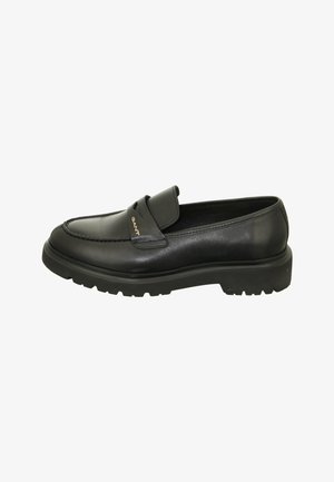 Schwarze Lederloafers mit rundem Zeh, erhöhtem Vorderteil und strukturiertem Sohlenprofil. Goldene Akzente an der Seite verbessern das Design.