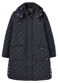 Cappotto lungo trapuntato blu navy con cappuccio, tasche frontali con bottone a scatto, bottoni dorati e bottoni a scatto regolabili ai lati dell'orlo.