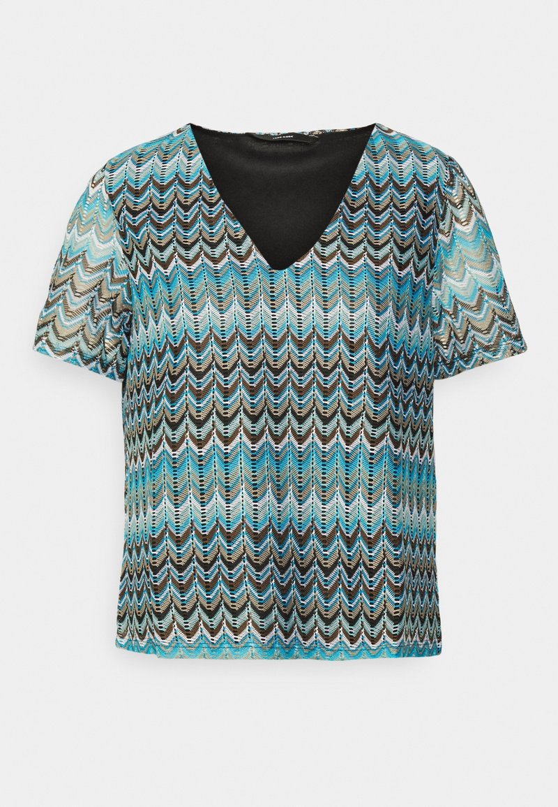 Kortärmad topp med V-ringning, tillverkad av lätt tyg med ett flerfärgat vågmönster i blå, brun och svart.