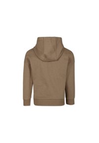 Felpa marrone con cappuccio in tessuto morbido. Presenta polsini e orlo ribattuti e una tasca a marsupio. Design semplice e rilassato, senza cuciture.