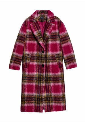 Abrigo largo de lana con estampado de cuadros en rosa, botones negros, solapas con muesca, bolsillos laterales y diseño de longitud media.
