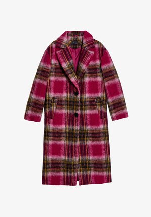 Lange roze geruite wollen jas met zwarte knopen, inkepingen aan de revers, zijzakken en een halflang ontwerp.
