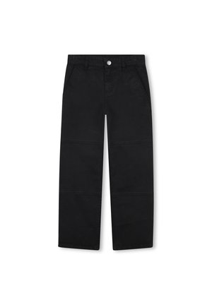 Pantalons en coton noir avec une coupe droite, dotés de poches avant et d'une fermeture à un bouton. Texture lisse sans motifs.