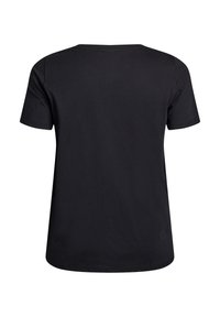 Sort t-shirt med korte ærmer vist fra ryggen, lavet af en glat, ensfarvet stof med rund halsudskæring.