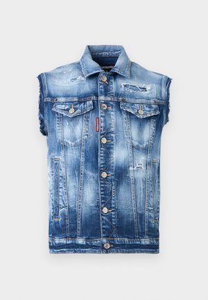 Ujjatlan kék farmer mellény gombos elejjel, két gombos mellkasi zsebbel, kopott hatású részletekkel és rojtos karöltőkkel.