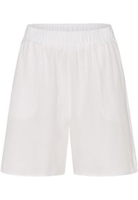 Białe bawełniane szorty z elastycznym pasem, charakteryzujące się luźnym krojem i prostym fasonem, zaprojektowane z myślą o komforcie i oddychalności.