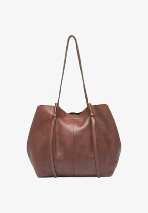 Brown leather tote bag with a soft texture, cinched top, and two long straps. Features a rounded silhouette and minimalistic design.