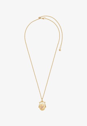 Zlata verižica z majhnim, okroglim obeskom v obliki medaljona, na katerem je izgravirana črka "V" in okrašena z zvezdnimi detajli.