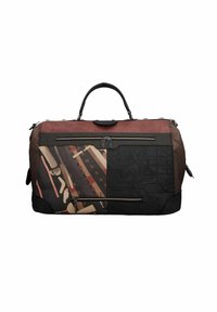 Borsa da viaggio in pelle con un mix di pannelli bordeaux e neri, motivi geometrici e numerosi scomparti con cerniera per riporre gli oggetti.