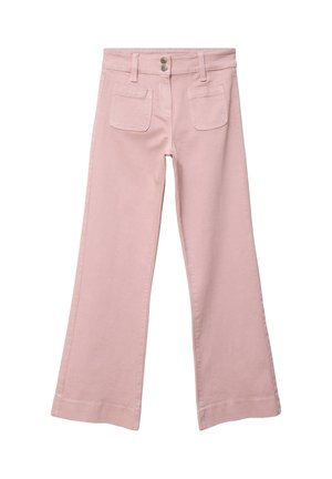 Pantalon rose taille haute avec jambes larges, deux poches plaquées à l'avant, passants pour ceinture et fermeture à double bouton à la taille.