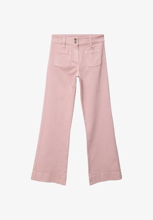 Pantalon rose taille haute avec jambes larges, deux poches plaquées à l'avant, passants pour ceinture et fermeture à double bouton à la taille.