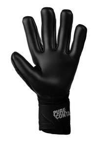 Gant de gardien noir avec une surface lisse, cinq doigts et une sangle de poignet texturée avec le texte "PURE CONTACT" en gris.