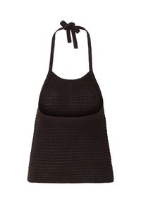 Top nero all'uncinetto con collo allacciato e motivo a rete aperta, aderente al busto e leggermente svasato in vita.