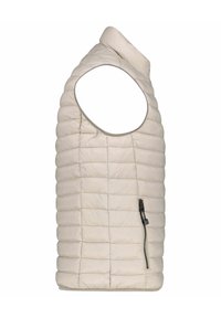 Wattierte ärmellose Weste in hellbeige. Mit vertikalem Steppmuster, hohem Kragen und einer schwarzen seitlichen Zippertasche. Weiche Textur.