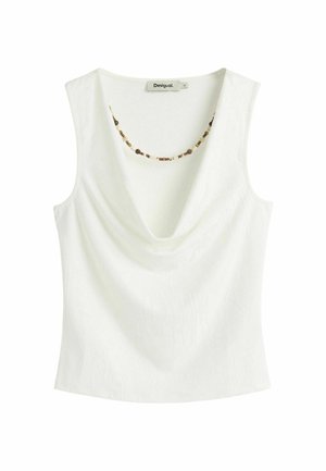 Bijeli top bez rukava s naboranim izrezom ukrašenim ukrasnim lancem od smeđih perlica i naljepnicom brenda Desigual na ovratniku.