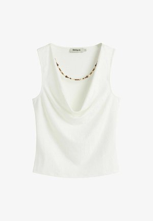 Bijeli top bez rukava s naboranim izrezom ukrašenim ukrasnim lancem od smeđih perlica i naljepnicom brenda Desigual na ovratniku.