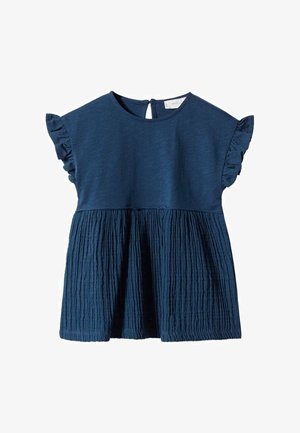 Marineblaues Kleinkindkleid mit kurzen Rüschenärmeln, Rundhalsausschnitt und strukturiertem, gerafftem Rock, Knopfverschluss am hinteren Halsausschnitt.