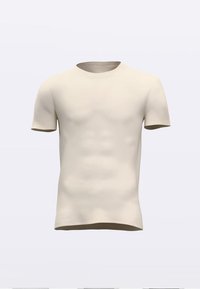 Beež lühikeste varrukatega T-särk, mis on valmistatud siledast kangast, ümar kaelusega ja standardses istumises, ilma nähtavate mustrite või aktsentideta.