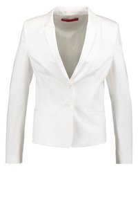 Bílý blazer vyrobený z hladkého materiálu, s přiléhavým střihem, s jedním knoflíkovým zapínáním, dvěma předními kapsami a klopami.