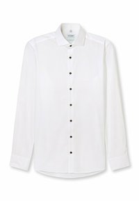 Weißes langärmliges Hemd aus glattem Stoff mit klassischem Kragen, braunen Knöpfen vorne und abgerundetem Saum.