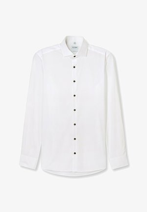 Wit shirt met lange mouwen van gladde stof, voorzien van een klassieke kraag, bruine knopen aan de voorkant en een afgeronde zoom.