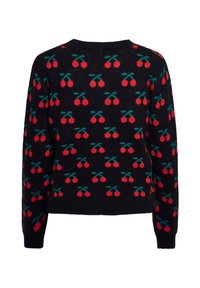 Pull noir à manches longues avec un motif intégral de cerises rouges et de tiges vertes.