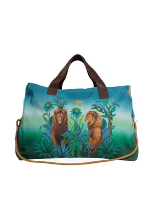 Borsa da viaggio blu e verde con manici marroni, con due leoni e piante tropicali dipinti sul davanti e una stella dorata sopra.