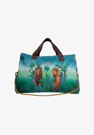 Borsa da viaggio blu e verde con manici marroni, con due leoni e piante tropicali dipinti sul davanti e una stella dorata sopra.