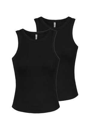 Zwei schwarze, gerippte ärmellose Tanktops mit runden Ausschnitten, flach liegend übereinander auf weißem Hintergrund gezeigt.
