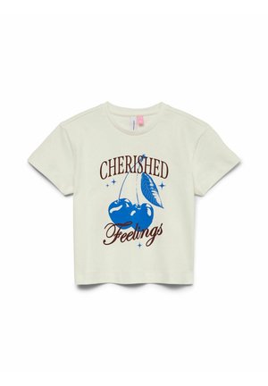 White short-sleeve T-shirt with blue cherries and leaf graphic, and brown text reading "CHERISHED Feelings" on the front.