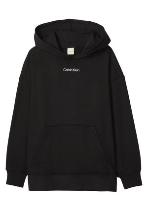 Sweat à capuche Calvin Klein noir avec poche kangourou à l'avant, manches longues et logo centré sous la capuche.