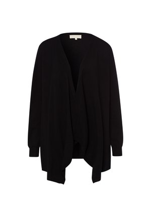 Cardigan nero leggero con scollo a V profondo, maniche lunghe e apertura frontale. Caratterizzato da un design fluido e da una consistenza morbida.