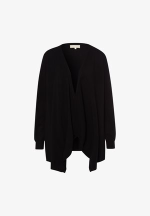 Black, lightweight cardigan with a deep V-neck, long sleeves, and an open front. Features a flowing design and soft texture.