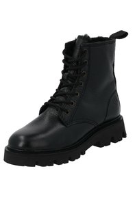 Czarne skórzane botki za kostkę z wytrzymałą gumową podeszw�ą, okrągłym noskiem i sznurowanym zapięciem. Teksturowana cholewka z pętelką z tyłu.
