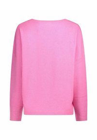 Maglione rosa con collo largo, tessuto leggero a maglia, spalle scese, maniche lunghe e dettaglio di orlo a coste.