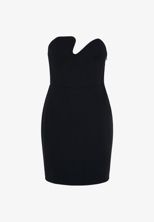 Mini abito nero senza spalline con scollo a cuore e silhouette aderente su sfondo chiaro uniforme.