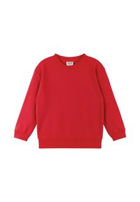 Czerwona bluza wykonana z miękkiego materiału, z długimi rękawami, okrągłym dekoltem oraz ściągaczami przy mankietach i dolnej krawędzi. Prosty, jednolity design bez wzorów.