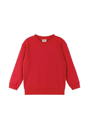 Czerwona bluza wykonana z miękkiego materiału, z długimi rękawami, okrągłym dekoltem oraz ściągaczami przy mankietach i dolnej krawędzi. Prosty, jednolity design bez wzorów.